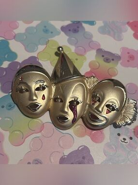 Vintage Comedy Tragedy Theater Masks Brooch Silver Tone Harlequin Clown Pin